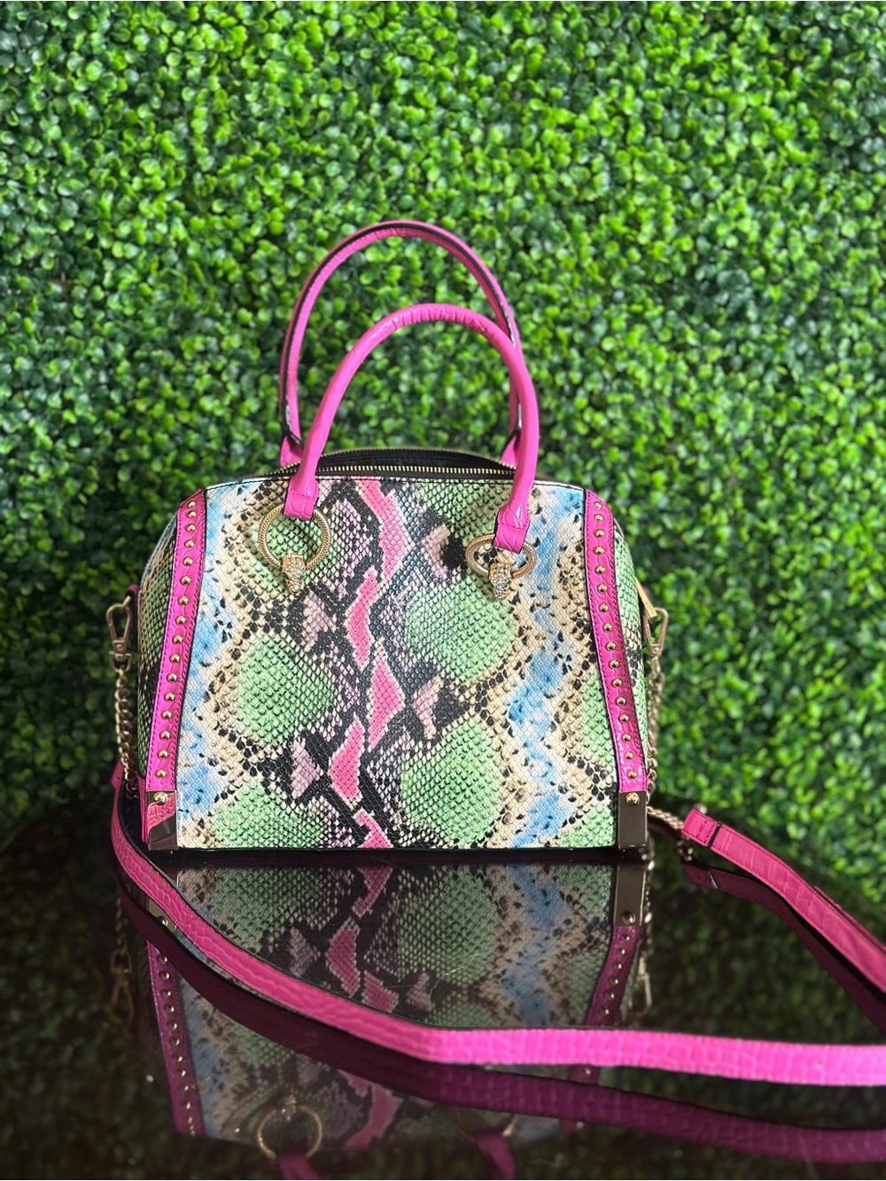Aldo Multicolor Snake-Print Satchel with Pink Trim